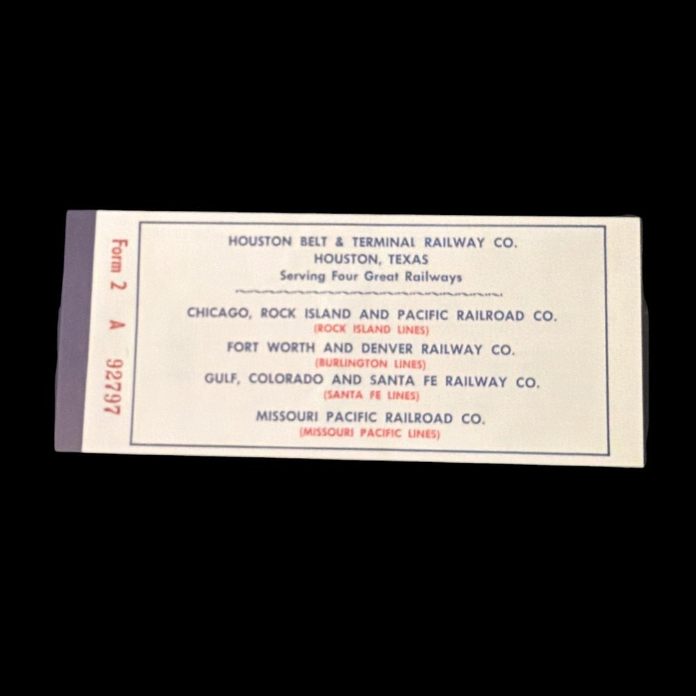 1965 Houston Belt & Terminal Railway Co Train Ticket Houston to Sweetwater